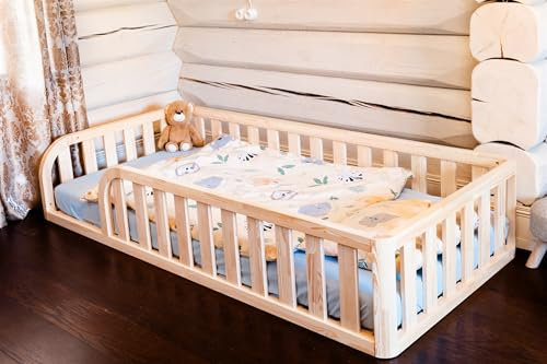 Mandrele - Montessori Bett, Bodenbett mit Lattenrost, Rausfallschutz Bett, Kinderbett, Holzbett mit Bettgestell für Jungen und Mädchen, 160x90cm, Natur Holz