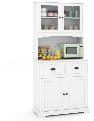 COSTWAY 170cm Tall Kitchen Cupboard, 4-Door Buffet Pantry Storage Cabinet with Tempered Glass Doors, Adjustable Shelves, 2 Drawers & Cable Hole, Wooden Sideboard Organizer for Dining Room (White)