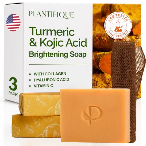 PLANTIFIQUE Kojic Acid & Turmeric Soap for Hyperpigmentation – Lab Tested | 3 Soap Bars & African Net, Lab Tested - Face Wash with Hyaluronic Acid, Collagen, Vitamin C - 240g
