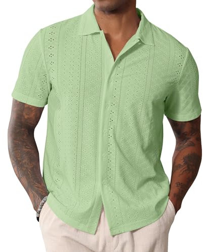 Mens Short Sleeve Shirt Button Down Cuban Collared Casual Summer Beach Shirts Green