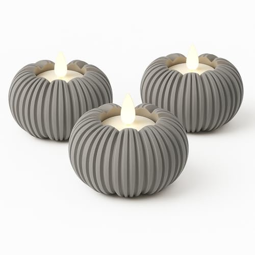 Alupedia 3-teiliges Kürbis Teelichthalter Set – stilvolle Deko für Herbst & Halloween – inklusive LED Teelichter – Moderne gerillte Kürbisform, ideal für Tisch, Fensterbank & Wohnzimmer (Nardo-Grau)