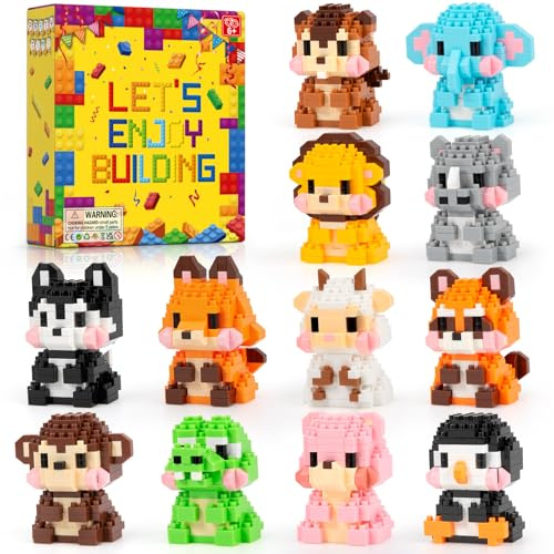 12er Tiere Klemmbausteine Set, Mini Tiere Bausteine als Mitgebsel Kindergeburtstag, Schultüten Füllung, Pinata Füllung und kleines Geschenk für Erwachsene und Junge Menschen ab 15+