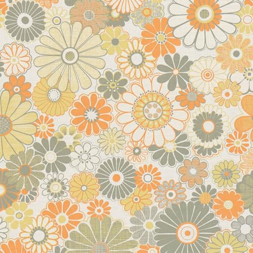 Profhome Retro Tapete 395353-GU heißgeprägte Vliestapete grün oliv-grau creme-weiß orange-gelb 0,53 m x 8,50 m = 4,50 m2