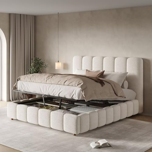 DRIXNO White Boucle Double Bed Frame 4ft6 with Storage | Hydraulic Ottoman Bed 135x190cm, Upholstered Gas Lift, Slatted Base & Padded Headboard, Under-Bed Space