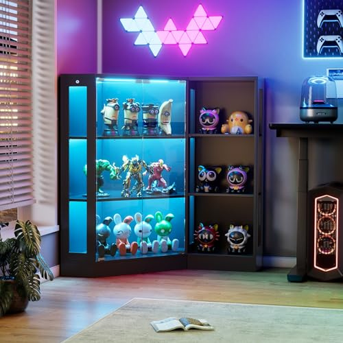 Glasvitrine mit LED Beleuchtung, Vitrinenschrank Stehend mit 3-farbige Beleuchtung Bewegungssensor, 3-Lagen Eckvitrine Display Cabinet Lego Vitrine Holz für Sammlerstücke Wohnzimmer Schlafzimmer Büro