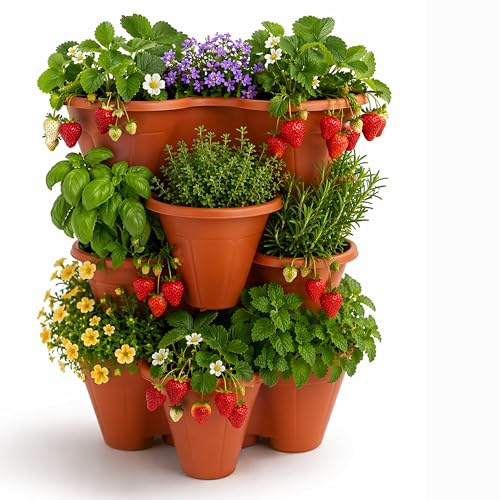 ALAYSTAR Pack of 4 Stackable Strawberry Planter Pots Vertical Garden Trio Planters Terracotta Durable Plastic Herb Flower Containers Indoor Outdoor Balcony Patio Space Saving Plant Pots (TERRACOTTA)