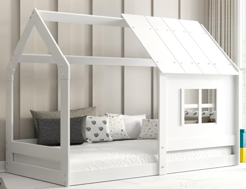 Interbeds Hausbett mit Dach Kinderbett 80x160 Bodenbett Holzbett Einzelbett Montessori mit Rausfallschutz & Lattenrost für Jungen und Mädchen aus Massivholz (Weiß)