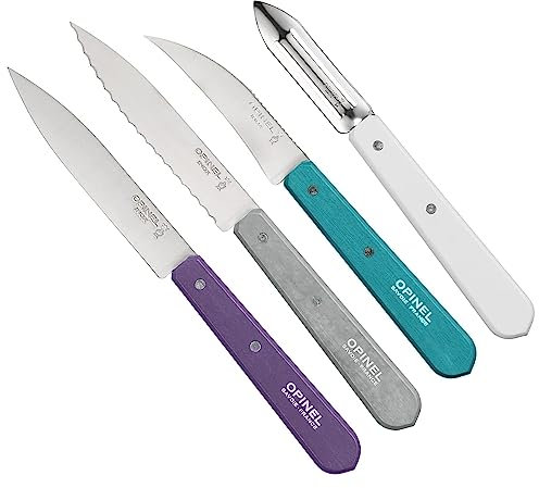 Opinel Küchenmesser, Essentials, 4-teilig, rostfrei, farbige Buchenholzgriffe Messer-Set, Edelstahl, Violett/Silber/Türkis/Weiß, 19.5 x 2 x 1 cm, 4-Einheiten
