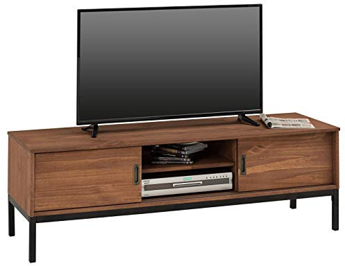 IDIMEX Meuble TV Selma L 145 cm en Bois Massif Brun foncé au Style Industriel Design Vintage avec 2 Portes coulissantes et 1 Compartiment Ouvert, pour télé jusqu'à 152 cm
