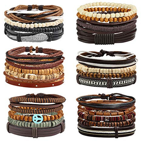MILAKOO PU Lederarmbänder Herren 26 PCS Holzperlen Armband Set geflochten Punk Armreif verstellbar
