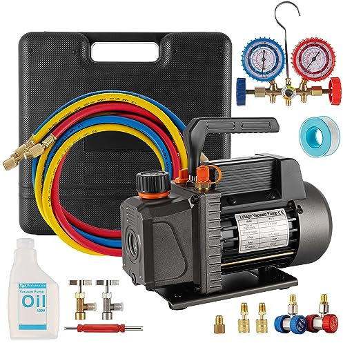 SHZOND Vacuum Pump 3.5CFM 1/4HP Single Stage Air Vacuum Pump HVAC with R134A Kit AC A/C Manifold Gauge Set (vacuum pump kit)
