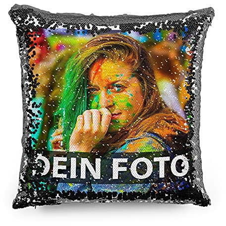Tassendruck Foto-Kissen mit bedruckten schwarzen Wendepailletten Selbst gestalten (40 x 40 cm) - mit Foto individuell Bedruckt/Personalisierte Geschenk-Idee/Deko-Kissen inkl. Füllung