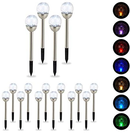 16 x Gartenleuchte Glaskugel, wasserdichte LED Solarleuchten Bruchglas Optik, Farbwechsel, Erdspieß, Wegeleuchte, silber