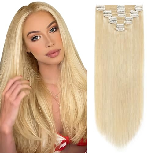 Elailite Hair Extensions Real Human Hair Clip in Thick Double Weft - 8 Pieces Remy Hair Straight Full Head (22 Inch, 160g, #613 Bleach Blonde)