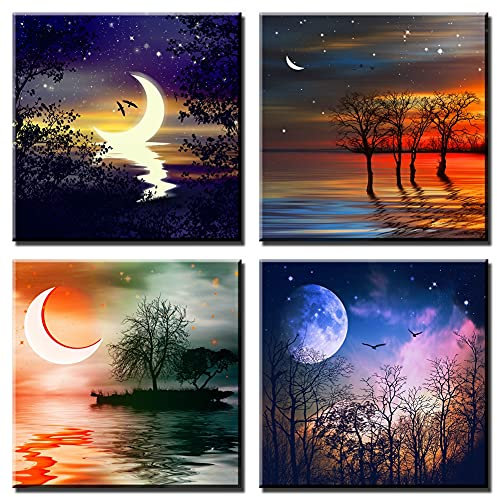Ohok Premium Leinwandbilder Kunstdruck Bilder 30x30cm, Leinwanddruck Bilder 4er-Set Wandkunst Dekor Bild mit Holzrahmen Wandbilder für Schlafzimmer Büro Home Dekorationen (Mond/See)