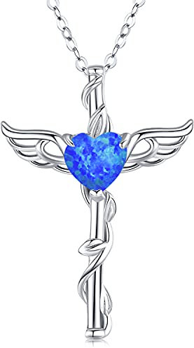 Midir&Etain Kreuz Kette 925 Sterling Silber Engel Flügel Kreuz Anhänger Halskette Blau Opal Halskette Engel Schmuck Kreuz Geschenke für Frauen