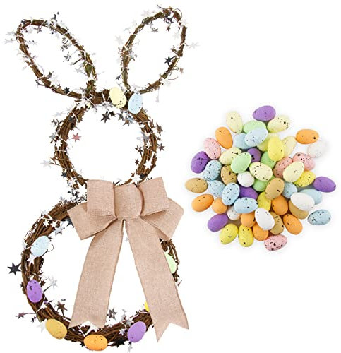 BETESSIN Ghirlanda Pasquale Vimini 50pz Uova di Pasqua Fiocchi Striscione Festone Stelle Argento Decorazione Addobbi Festa Pasqua Ghirlanda Coniglio Porta Fai da Te