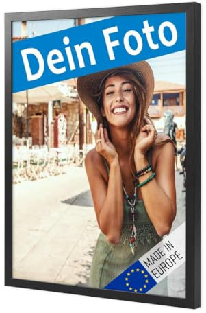 PHOTOLINI Bilderrahmen mit Foto selber gestalten, Fotorahmen 30x40 cm Holz Schwarz personalisiert mit Bild, Holzrahmen Made in EU, bruchsicheres Acrylglas, zum Aufhängen
