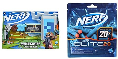 Nerf Minecraft, martello lancia-dardi Stormlander, lancia 3 dardi, include 3 dardi Nerf Elite, impugnatura di armamento a retroazione & Confezione ricarica 20 dardi Nerf Elite 2.0