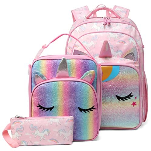 Girls Backpack, VASCHY School Bag Set for Kids Children's Rucksack with Reflective Chest Strap Backpack for School with Insulated Lunch Bag & Pencil Case Set for Elementary School (Rainbow Unicorn)