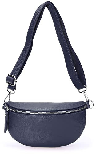 Ever Bloom Unisex Leder Brusttasche Bauchtasche, Mode Hüfttasche, Made in Italy, Umhängetasche Sattel Crossbag, Mittelgross Ledertasche für Festival und Urlaub, Tasche Farben:Navi Klein