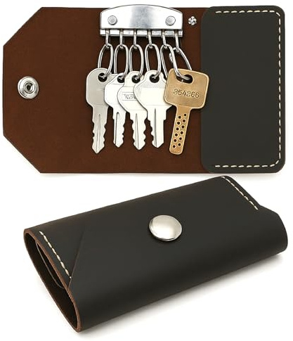 TheAntiq Genuine Leather Key Organizer Wallet – Compact Key Holder Case with 6 Hooks & Cash Pocket, Snap Closure Keychain with Carabiner for Car & Home Keys, Brown