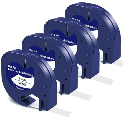 4 X Kompatibel mit Dymo Etikettenband, Kunststoff Weiß Ersatz für DYMO Letratag Etikettenband 91221 S0721660, Schwarz auf Weiß 12mm x 4m Beschriftungsband für Dymo Letratag LT-100H LT-100T 200B QX50