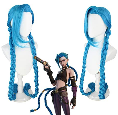 YILKOO Blau Anime Cosplay Perücke, Jinx Perücken, Synthetic Hitzebeständige Faser Cosplay Wigs, Lange Perücken für Halloween Weihnachten Kostüm Thema Party Comic-Konferenz