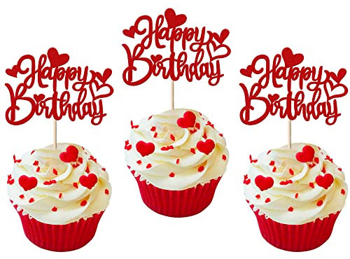 30 Stück Love Heart Happy Birthday Cupcake Topper Glitter Sweet Love Valentinstag Muffin Dekorationen für Valentinstag Liebe Thema Baby Dusche Kinder Geburtstag Party Kuchen Dekorationen Zubehör Red