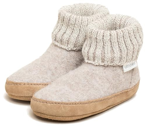 Gottstein Hüttenschuh Alpine Boot LE für Mädchen & Jungen - Kinder Hausschuh aus Schurwolle mit Strickbund & Ledersohle | TIPP: Eine Nummer größer bestellen Beige | 28