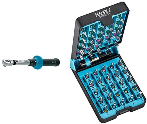 Hazet Drehmomentschlüssel 5108-2CT | 2,5-25 Nm, Genauigkeit +/- 4% in Klarsichtbox & BitE-Box 2240N/51 | 51-teiliges Schraubendreher-Einsatz-Set, Abtrieb: Pozidriv, Sechskant 6,3