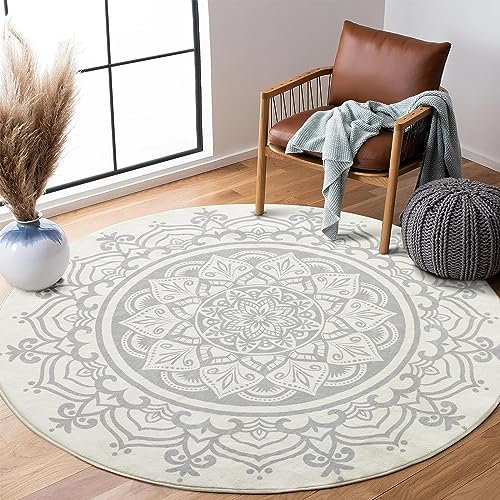 Carvapet Teppich Rund 120cm Weich und Flauschig Teppich Gegend Kreis rutschfest Waschbar Böhmisches Mandala Bodenteppich Wohnzimmer Schlafzimmer(Grau Mandala)