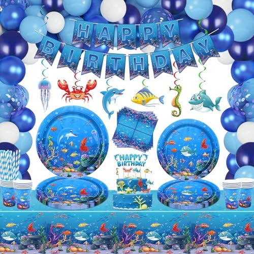 186 PCS Unter dem Meer Party ZubehörOzean Meer Partygeschirr Satz - Teller Tassen Servietten Tischdecke Banner Luftballons Tortenaufleger für Unterwasserwelt Geburtstag Party Dekorationen Serviert 20