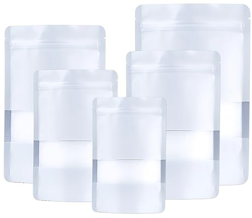 100pcs Mylar Bags Stand up,Resealable Bag Ziplock With Window,White Smell Proof Bag Aluminum Foil Pouches,Reusable Mylar Baggies Heat Seal Packaging Bags for Food Storage (10x15cm - 100 pcs, White)