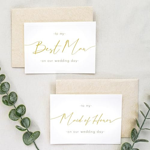 Shoppau Hochzeitskarten, Motiv: Trauzeugin und Trauzeugin, Leinenstruktur, elegante Schrift, 12,4 x 9,5 cm, gefaltet, geprägter Rand, 2 Stück, beigefarbene Umschläge (Goldfolie)