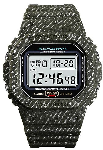 Tevimpeya Digitale Quarzuhr für Herren, Unisex, stoßfest, Outdoor-Digitaluhren, 50 m wasserdicht, Jungen-Sportuhr, EL-Lichtanzeige, PU-Armband, grüne Tarnung, armee-grün, M, Armband