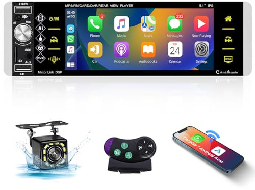 Hodozzy RDS 1 DIN Radio Coche con Inalámbrico Carplay Android Auto, 5,1 Pulgadas Autorrdio Bluetooth con Pantalla IPS, Pantalla Táctil con Enlace Espejo/FM/USB/AUX/SWC+Cámara de Marcha Atrás