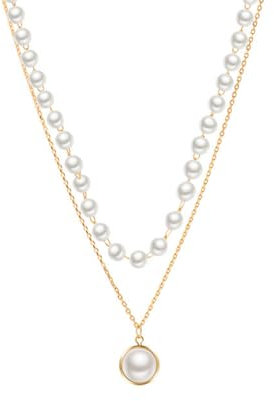 ankbrats Goldene Perlen Double Layered Halskette Damen, Multilayer Weiße Perlen Lange Gold Kette mit Anhänger, Modeschmuck Boho Layering Gold Halskette mit Perlen für Frauen Mädchen