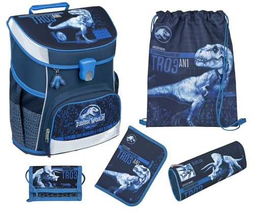 Jungen Schulranzen 1. Klasse · Scooli Campus Fit Schultasche · ergonomisch & leicht · Schulranzen Set für Jungs und Mädchen (5-teiliges Set mit Federmappe, Jurassic World Dinosaurier Dunkelblau)