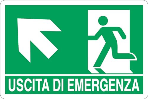 GLOBAL CARTELLO SEGNALETICO - USCITA DI EMERGENZA SALITA SINISTRA - Adesivo Extra Resistente, Pannello in Forex, Pannello In Alluminio (10x15 cm, Adesivo)