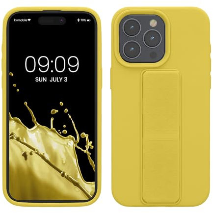kwmobile Case Compatible with iPhone 15 Pro Max - Case with Hand Strap and Stand Soft TPU Silicone Coating - Radiant Yellow