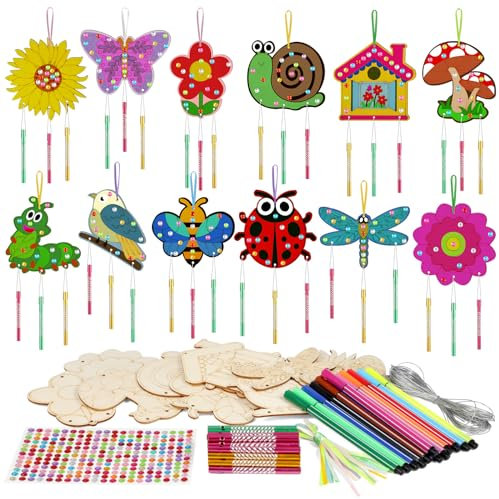 SRIZIAN 12 Kit Bricolage Carillon à Vent, Printemps Insectes Animaux Fleurs en Bois à Peindre DIY Loisirs Créatifs Activites pour Enfants Décoration de Fête d'anniversaire