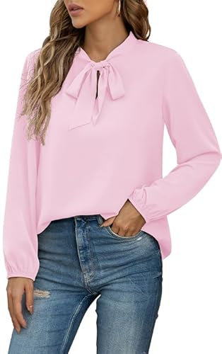 Yommay Damen Bluse Elegant Langarm Tunika T-Shirt Krawatte Hals Flowy Chiffon Oberteile für Frauen Herbst Mode,Hellrosa,L