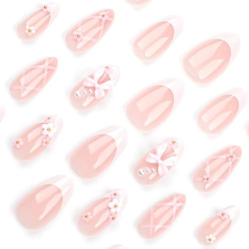Cosmeria 24 Pcs Medium Almond Press on Nails, 15mm Wide French Tips Fake Nails with 3D Bow Charms, Acrylic Nails Press ons with Glue, Reusable False Nails
