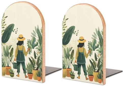 Beech Bookends, Bookshelf Non-Slip Bookends,Plants and Pots Printed Heavy Duty Bookends for Library Office Schoo