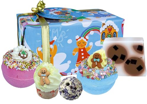 Bomb Cosmetics Gingerbread Land 5-teiliges handgefertigtes Bade- und Körper-Set mit ätherischen Ölen, inklusive Badekugeln, Seife & Badecreme & Malve
