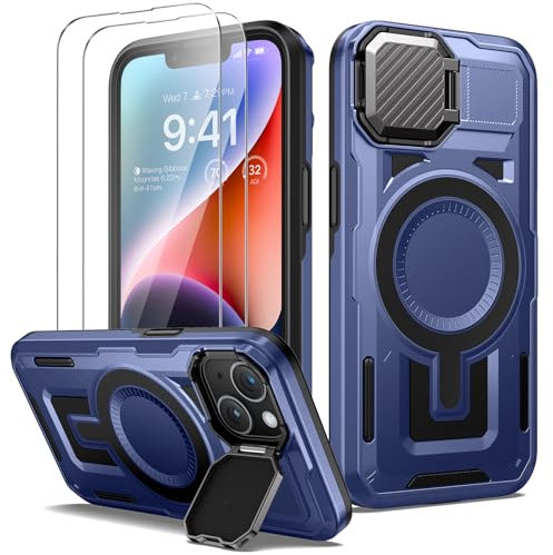 Lanhiem für iPhone 13/iPhone 14 Hülle mit Kameraschutz Ständer und 2 Stück Panzerglas, Magnetisch Handyhülle iPhone 13/ iPhone 14 Case Militär Stoßfest Outdoor Robust Schutzhülle Magnet Cover, Blau