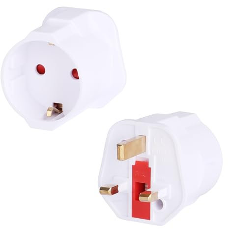 Wirafix 2 Pack European to UK Plug Adaptor, EU to UK Plug Adapter 2 Pin To 3 Pin Plug Adapter, European to UK Plug Adapter, Type C/E/F Europe Germany France Spain to British Adapter Type G, White