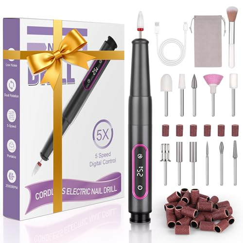 Nagelfräser für Gelnägel Kabellos,12 in 1 Elektrische Tragbar Nagelfräser, 25000 u/Min Verstellbare Geschwindigkei Fräser für Gelnägel, Professioneller Nail Drill für Gel,Profi Maniküre und Pediküres
