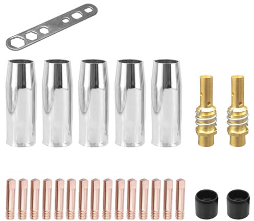 Bosmsaslad 25 Pcs Accessori Saldatura Senza Gas, Punta Contatto Rame, MIG/MAG Saldatrice, Supporto Diffusore Torcia, 5xUgelli Gas, 15xUgelli Potenza M6 0,8 mm, 2xStelo Ugello, 2xIsolatore, 1xChiave